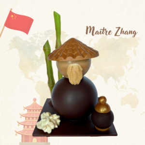 Montage en chocolat de Pâques Maître Zhang avec bambous en chocolat et chapeau traditionnel chinois.