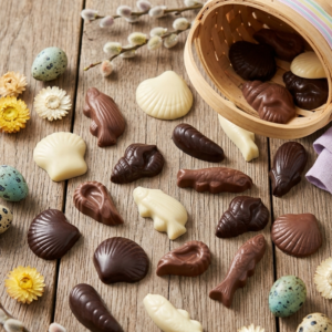 Assortiment de friture de Pâques en chocolat noir, lait et blanc disposé sur une table en bois avec un petit panier artisanal et des fleurs des champs