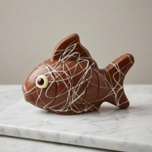 Poisson en chocolat avec des rayures blanches posé sur une plaque de marbre