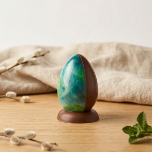 Mini œuf de Pâques en chocolat Aqua Terra avec une face chocolat noir ou lait et une face marbrée bleue et verte, posé sur un petit socle rond.