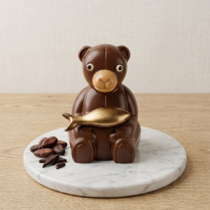 Moulage en chocolat ourson avec une sardine en chocolat posé sur une plaque de marbre