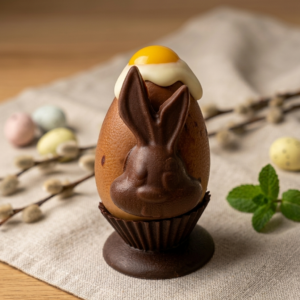 Œuf de Pâques en chocolat façon œuf à la coque avec décor lapin et coquetier en chocolat.